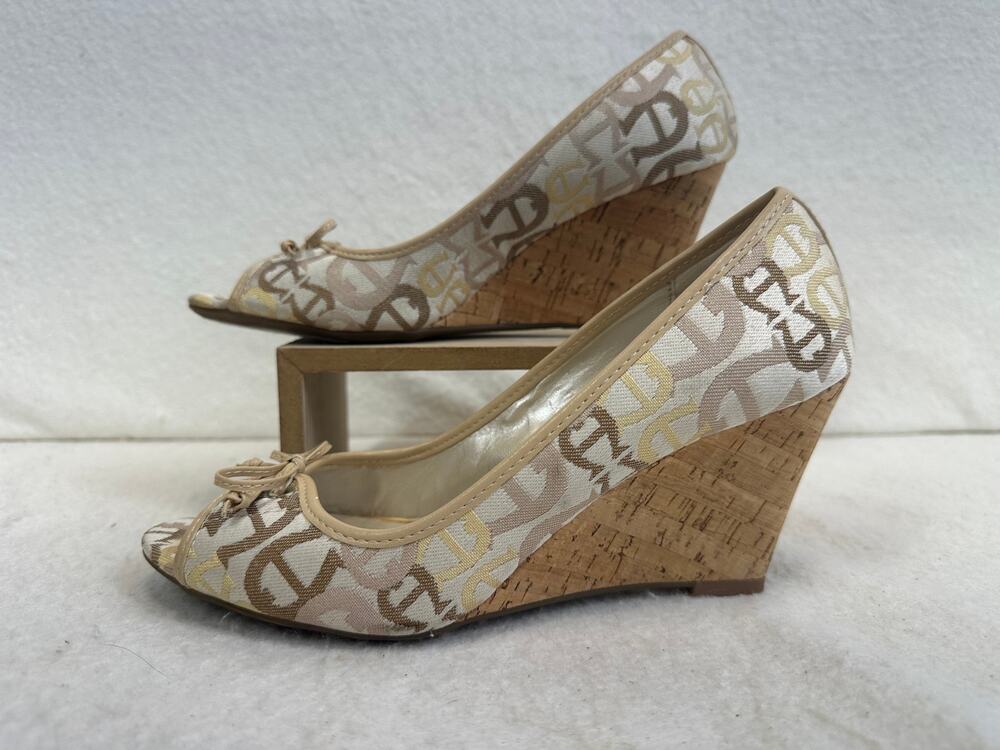 Beige Etienne Aigner Pippa Wedge Hells with Branded Brocade Fabric Upper SZ 7.5
